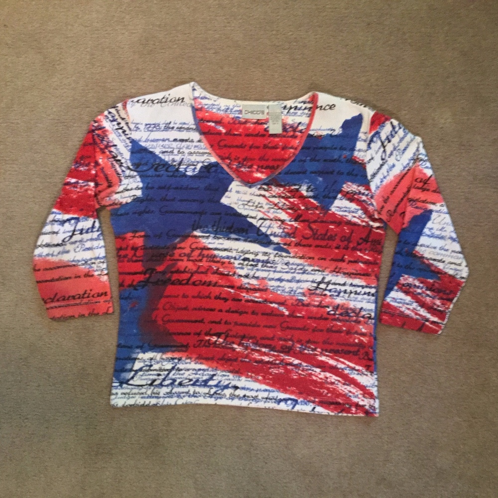Chico’s 3/4 sleeve red white blue V-neck top